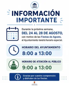 Tórtola informa sobre el cambio de horario del Ayuntamiento con motivo. de las fiestas
