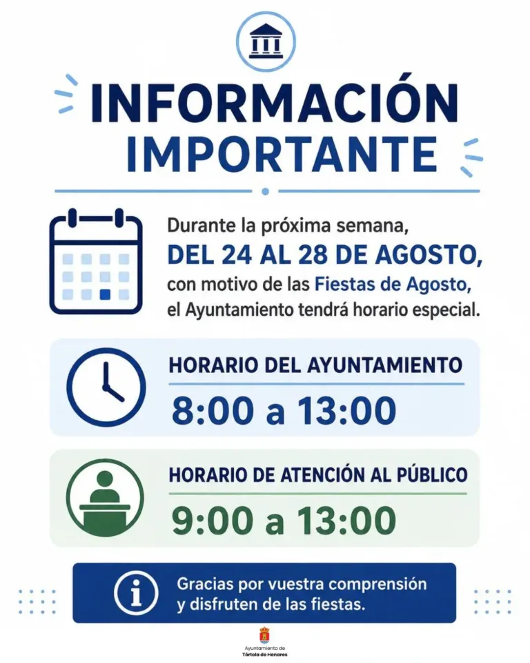 Tórtola informa sobre el cambio de horario del Ayuntamiento con motivo. de las fiestas