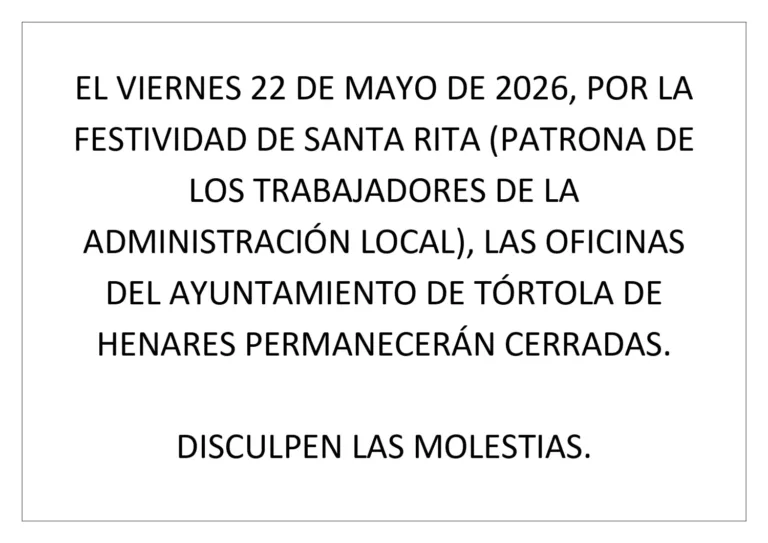 Cierre de la Oficina Municipal del Ayuntamiento, por la festividad de Santa Rita, el viernes 22 de mayo de 2026