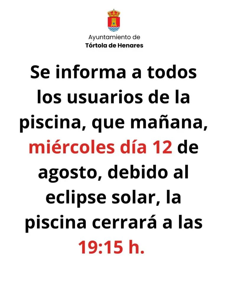 La piscina municipal cerrará mañana a las 19:15 h. por el eclipse solar