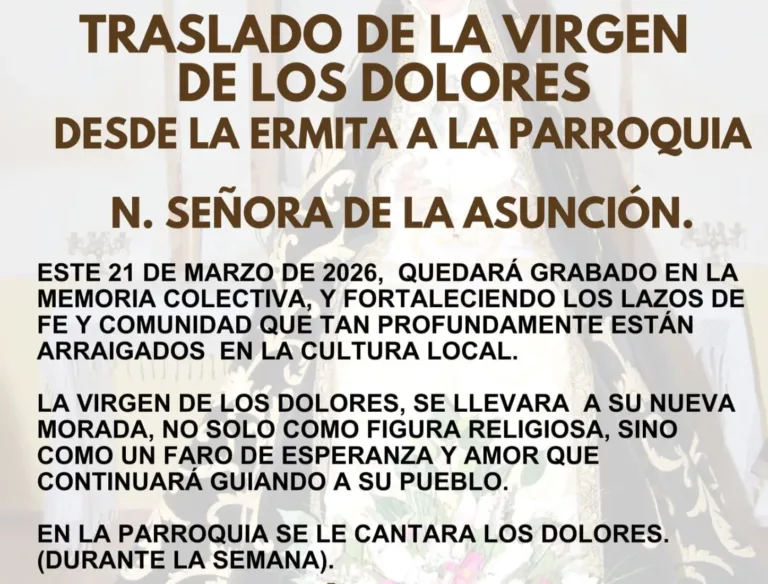 La Virgen de los Dolores será trasladada este sábado desde la Ermita a la Parroquia de Nuestra Señora de la Asunción
