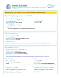 Anuncio de Licitación en la Plataforma de Contratación del Estado, obras reforma de los vestuarios y bar de la piscina
