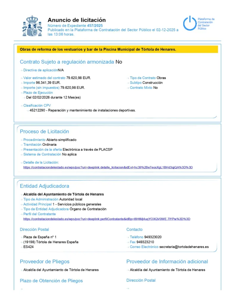 Anuncio de Licitación en la Plataforma de Contratación del Estado, obras reforma de los vestuarios y bar de la piscina