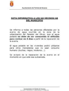 AVISO IMPORTANTE POR AVERÍA EN LA RED DE AGUA