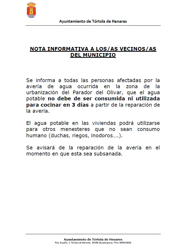 AVISO IMPORTANTE POR AVERÍA EN LA RED DE AGUA