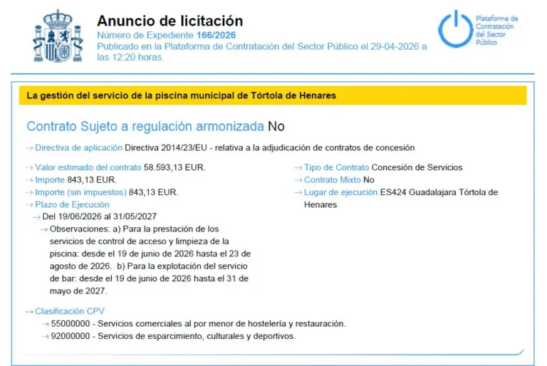 El Ayuntamiento de Tórtola de Henares licita la gestión de su piscina municipal