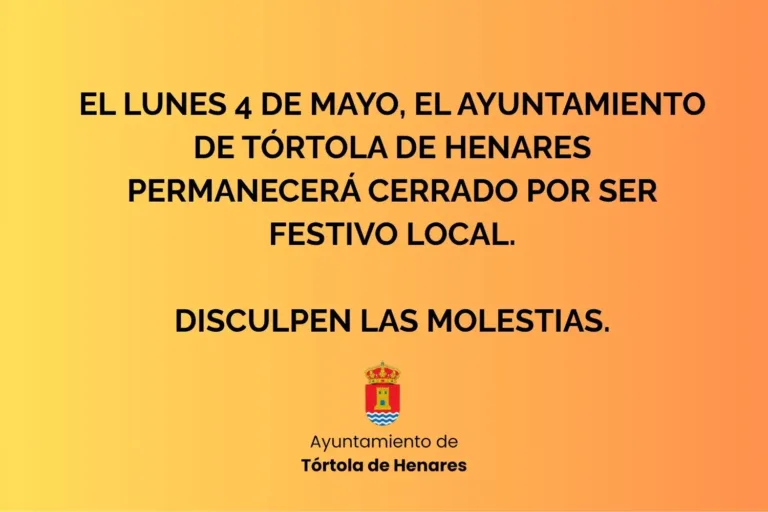El Ayuntamiento de Tórtola permanecerá cerrado el lunes 4 de mayo por festivo local
