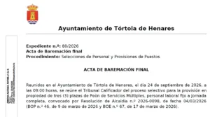 Acta de baremación final del proceso selectivo de tres plazas de peón de servicios múltiples