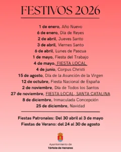 Tórtola aprueba 14 días festivos para 2026: claves para disfrutar de las fiestas locales y nacionales
