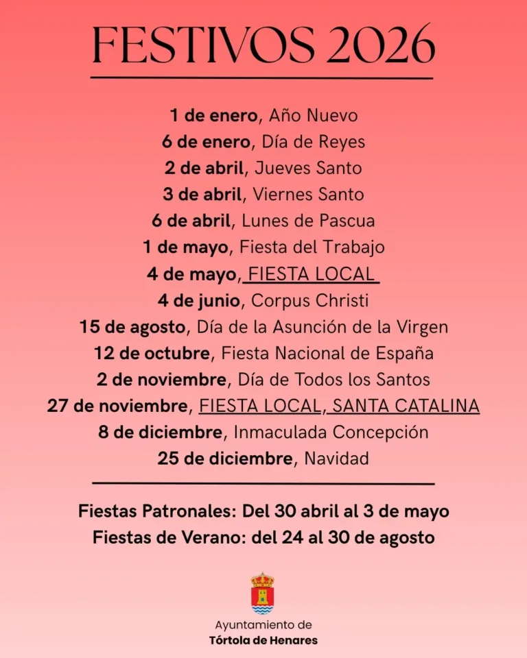 Tórtola aprueba 14 días festivos para 2026: claves para disfrutar de las fiestas locales y nacionales